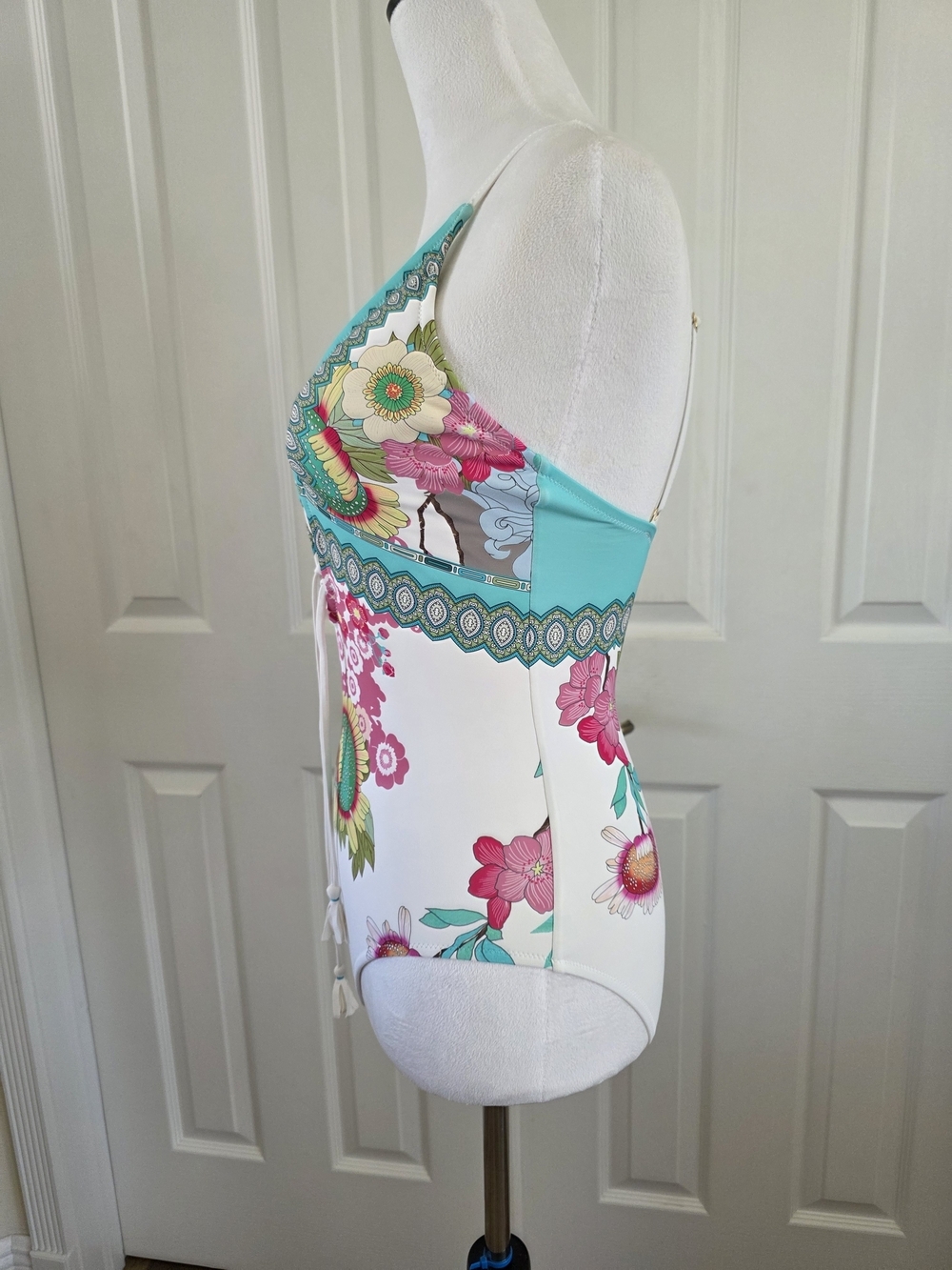 Johnny Was Cora Lace Up One Piece Swimsuit Blue Floral Print SZ S Boho Resort - Picture 7 of 14